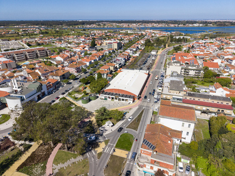 Aerial view of warm terracotta rooftops nestled among lush greenery bisected by a long road leading to the distant coast Espinho Portugal. Aerial view of warm terracotta rooftops nestled among lush greenery bisected by a long road leading to the distant coast Espinho Portugal.
