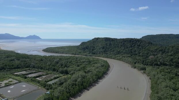 Aerial view of river winding through lush forest in Sarawak Malaysia. Aerial view of river winding through lush forest in Sarawak Malaysia.