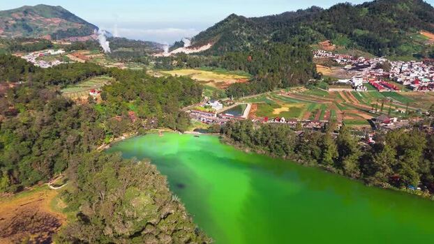 Aerial view of Telaga Warna volcanic lake in Indonesia. Aerial view of Telaga Warna volcanic lake in Indonesia.