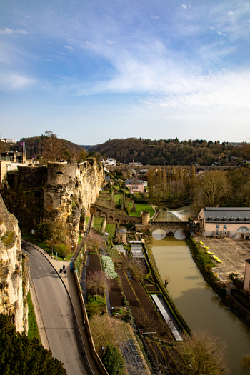 Aerial view of the historic fortifications and the Alzette river valley in Luxembourg Luxembourg Luxembourg.