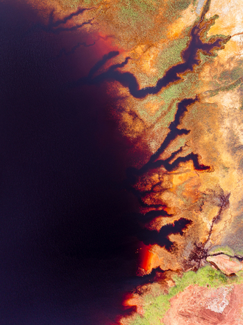 Aerial view of the vibrant textured landscape featuring dark deep water inlets contrasting with arid golden brown terrain and patches of green vegetation in Andalusia Spain. Aerial view of the vibrant textured landscape featuring dark deep water inlets contrasting with arid golden brown terrain and patches of green vegetation in Andalusia Spain.