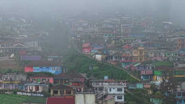 Aerial view of Nepal Van Java village in the mist Indonesia.