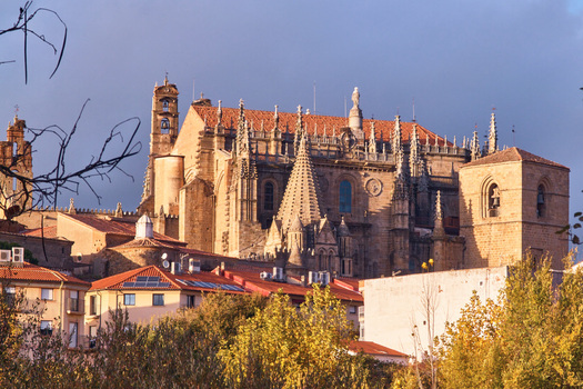 Plasencia Spain 02 December 2025 View of Catedral Nueva de Plasencia with its ornate Gothic architecture stone bell tower and red tiled roofs under a soft sky. Plasencia Spain 02 December 2025 View of Catedral Nueva de Plasencia with its ornate Gothic architecture stone bell tower and red tiled roofs under a soft sky.