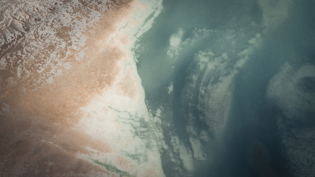 Aerial view of abstract patterns of turquoise blue water and brown coastal sands in Useless Loop Western Australia Australia. Aerial view of abstract patterns of turquoise blue water and brown coastal sands in Useless Loop Western Australia Australia.