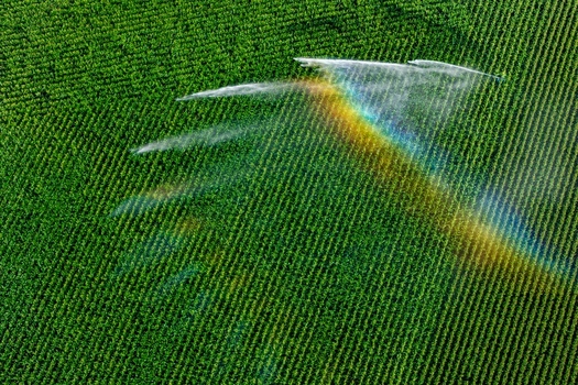 Aerial view of a green crop field being irrigated by a sprinkler system creating a vibrant rainbow in the mist in Hombourg Grand Est France. Aerial view of a green crop field being irrigated by a sprinkler system creating a vibrant rainbow in the mist in Hombourg Grand Est France.