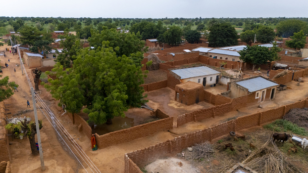 Aerial view of a rural settlement in Dambatta featuring traditional mud brick houses dirt paths lush trees and livestock grazing in the yard Dambatta Kano Nigeria. Aerial view of a rural settlement in Dambatta featuring traditional mud brick houses dirt paths lush trees and livestock grazing in the yard Dambatta Kano Nigeria.