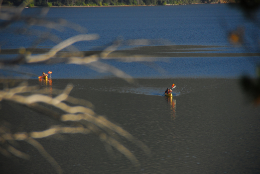 View of two people paddling yellow kayaks on the calm waters of Nahuel Huapi Lake seen through blurred branches in San Carlos de Bariloche Rio Negro Argentina. View of two people paddling yellow kayaks on the calm waters of Nahuel Huapi Lake seen through blurred branches in San Carlos de Bariloche Rio Negro Argentina.