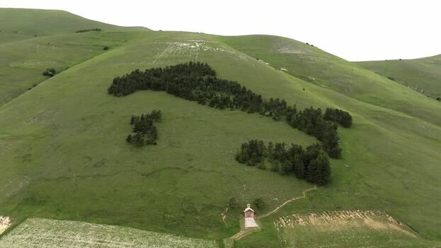 Aerial view of Italy shaped forest in Castelluccio Italy.