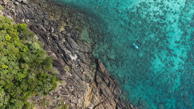 Aerial view of Whitehaven Beach with a person on a blue kayak and a snorkeler in clear turquoise water near the rocky coastline and lush forest in Whitsundays Queensland Australia.