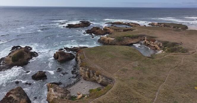 Aerial view of the rugged coastline at Glass Beach United States.