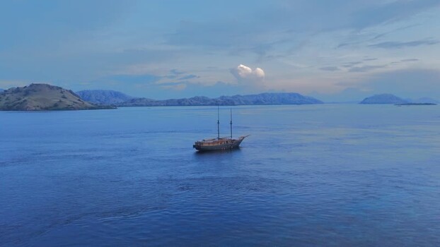 Aerial view of traditional boat near Komodo Island Indonesia.