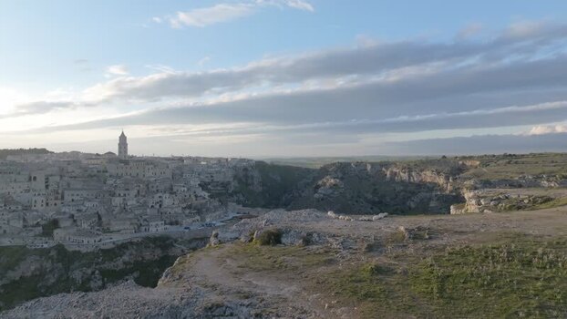 Aerial view of Sassi di Matera and rocky landscape Italy.