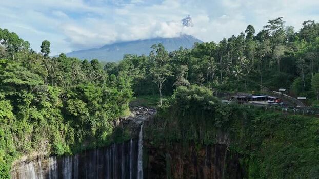 Aerial view of Tumpak Sewu Waterfall in Indonesia.