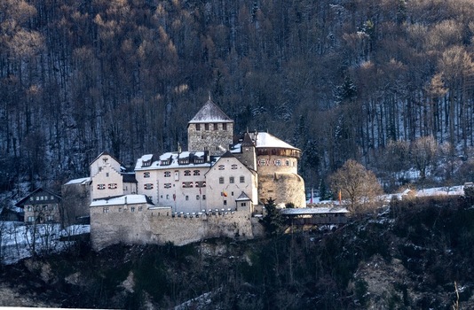 View of Vaduz Castle a historic medieval fortress perched on a hillside with snow dusted stone walls towers and surrounding forest in Vaduz Vaduz Liechtenstein.