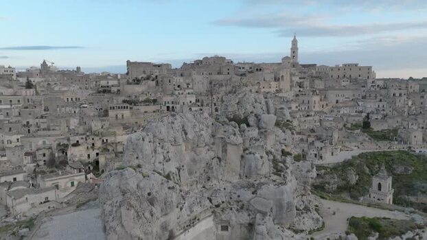 Aerial view of Matera historic stone buildings in Italy.