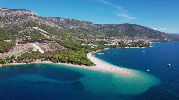Aerial view of iconic Zlatni Rat beach Bol Dalmatian Coast Croatia.