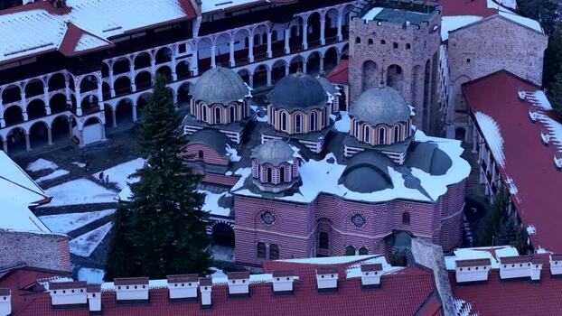 Aerial view of Rila Monastery in the mountains Bulgaria.