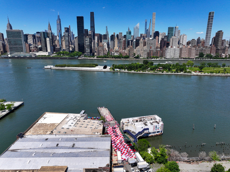Long Island City United States 13 June 2026 Aerial view of a giant Croatia FIFA World Cup flag display on a pier by the East River with the Manhattan skyline in the background.