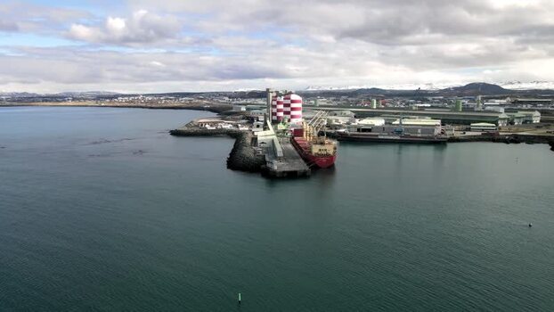 Aerial view of the Port of Hafnarfjordur and industrial silos Iceland.