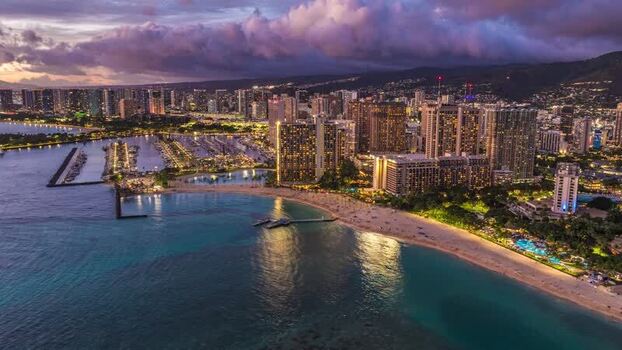 Aerial view of Honolulu skyline and Waikiki beach United States.