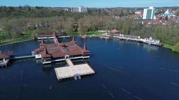 Aerial view of Lake H&eacute;v&iacute;z bath buildings Hungary.