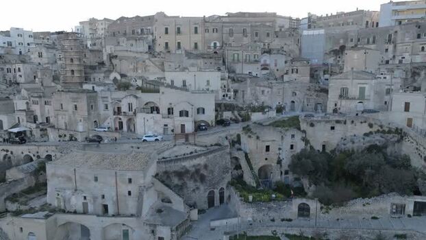 Aerial view of Sassi di Matera historic stone dwellings Italy.