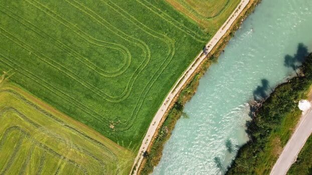 Aerial view of Stardalen valley and river Norway.