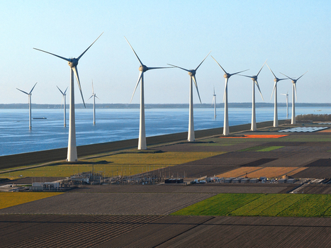 Aerial view of a row of modern wind turbines standing along a dike next to colorful agricultural fields and the blue sea under a clear sky in Netherlands.