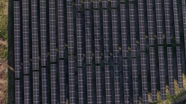 Aerial view of solar panel farm Portugal.