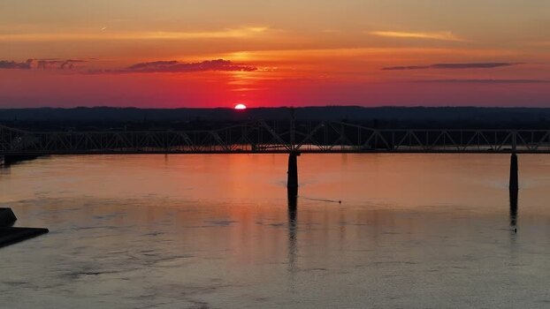 Aerial view of a bridge over the Ohio River at sunset United States. Aerial view of a bridge over the Ohio River at sunset United States.