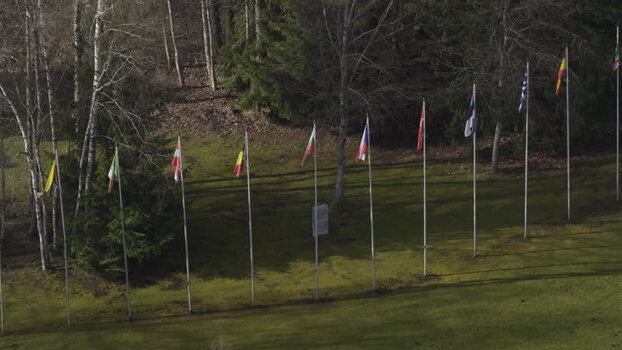 Aerial view of The Geographical Centre Of Europe flags Lithuania.