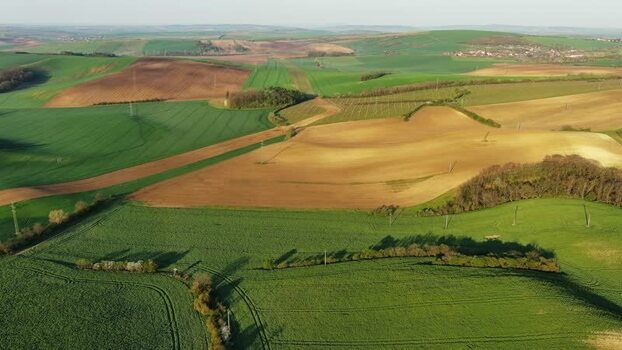 Aerial view of rolling fields in South Moravian Region Czechia.