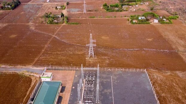 Aerial view of electrical substation and power lines Kenya.