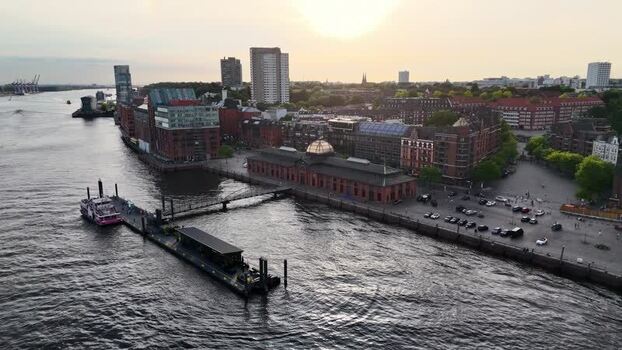 Aerial view of Fischauktionshalle and Elbe river in Hamburg Germany.