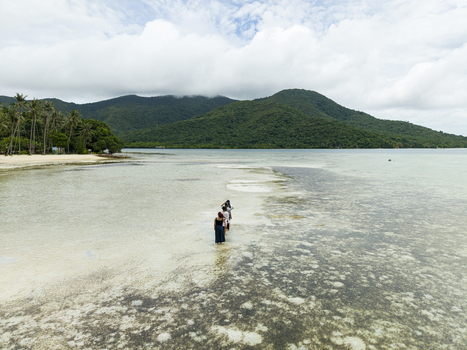 Aerial view of figures wading through shallow crystalline waters towards lush green hills under a vast cloudy sky Karimunjawa Central Java Indonesia.