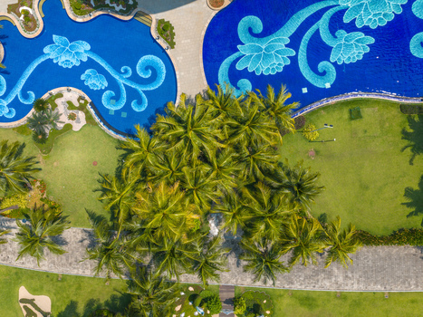 Aerial view of Forest City featuring a swimming pool with intricate floral tile patterns lush palm trees and manicured green lawns Gelang Patah Johor Darul Ta zim Malaysia. Aerial view of Forest City featuring a swimming pool with intricate floral tile patterns lush palm trees and manicured green lawns Gelang Patah Johor Darul Ta zim Malaysia.