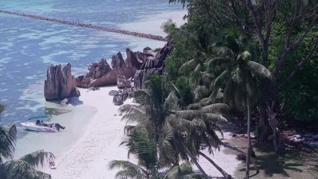 Aerial view of Curieuse Island beach in Baie Sainte Anne Seychelles.