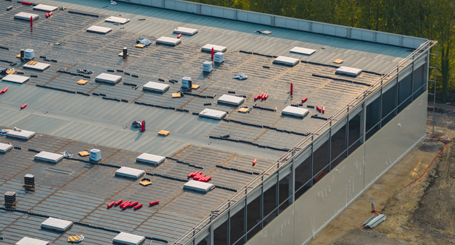 Loriol sur Drome Auvergne Rhone Alpes France 26 July 2026 Aerial view of a modern industrial warehouse under construction featuring roofing works skylights and insulation materials.