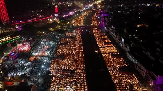 Aerial view of Deepotsav festival with diyas at Ram Ki Paidi India.