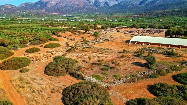 Aerial view of archaeological site in Crete Greece.