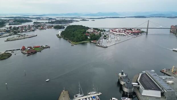 Aerial view of Stavanger harbor and bridge in Norway.