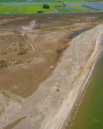 Aerial view of Ebro Delta with its sandy coastline a lone white car on the beach and lush green agricultural fields in the background Catalonia Spain. Aerial view of Ebro Delta with its sandy coastline a lone white car on the beach and lush green agricultural fields in the background Catalonia Spain.