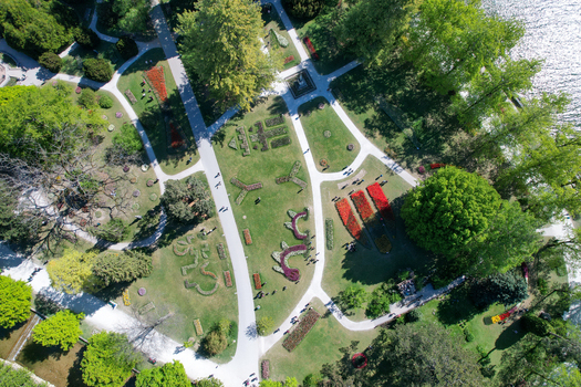 Aerial view of Parc de l Independance with vibrant tulip flower beds lush green trees and people walking along paths in Morges Vaud Switzerland. Aerial view of Parc de l Independance with vibrant tulip flower beds lush green trees and people walking along paths in Morges Vaud Switzerland.