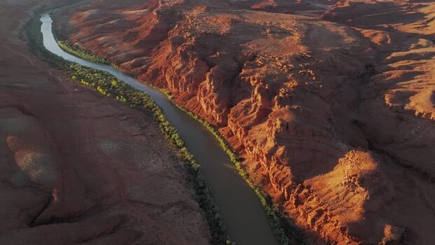 Aerial view of the Colorado River and red rock canyons United States.
