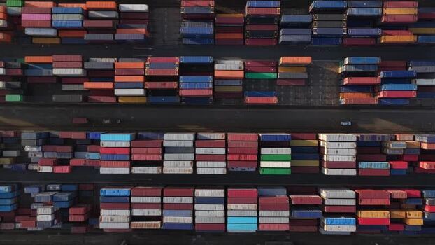 Aerial view of stacked shipping containers Portugal.