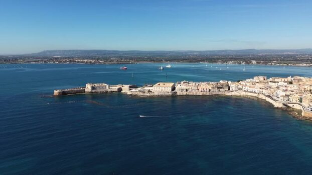 Aerial view of Maniace Castle and Ortigia Island Italy.