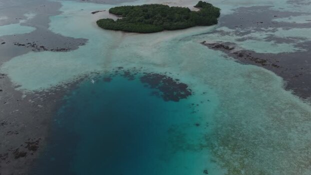 Aerial view of Komodo Island with turquoise waters Indonesia.