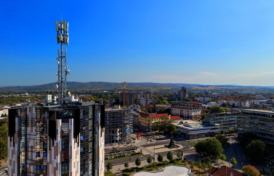 Aerial view of the modern building with a telecommunications tower in the city center of Krusevac Rasina District Serbia. Aerial view of the modern building with a telecommunications tower in the city center of Krusevac Rasina District Serbia.