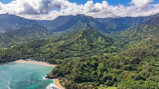 Aerial view of lush green mountains and coastline United States.