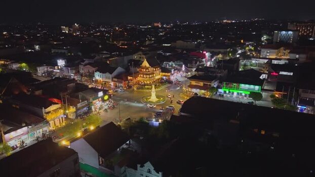 Aerial view of Tugu Yogyakarta Monument at night Indonesia. Aerial view of Tugu Yogyakarta Monument at night Indonesia.